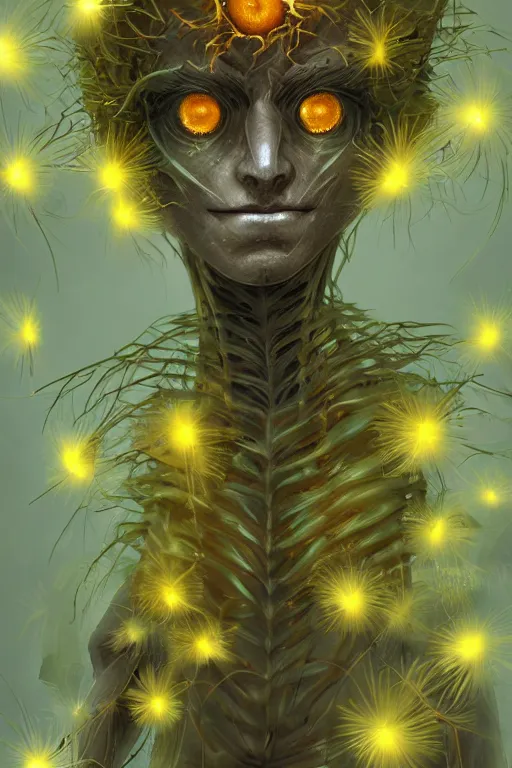 Image similar to a humanoid figure dandelion plant monster, amber eyes, highly detailed, digital art, sharp focus, ambient glow, trending on art station, anime art style