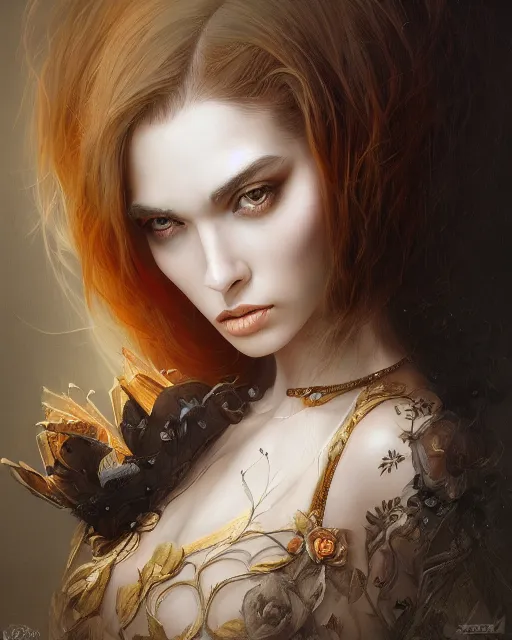 Image similar to symmetrical portrait of a 2 5 year old girl, by karol bak, james jean, tom bagshaw, rococo, sharp focus, trending on artstation, cinematic lighting, hyper realism, octane render, 8 k, hyper detailed.