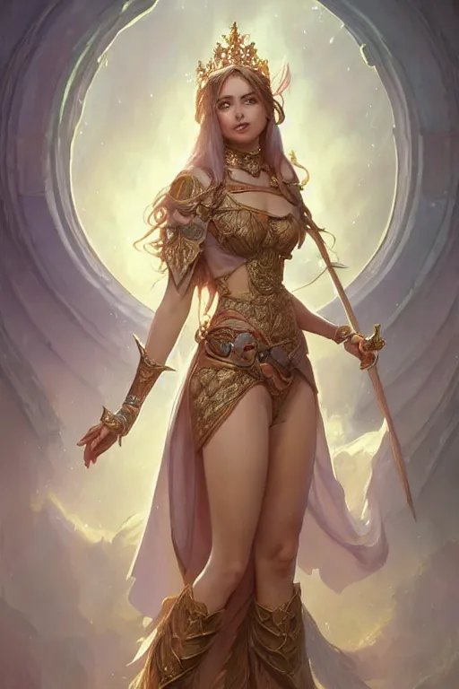 Image similar to Beautiful female princess, Full body shot, D&D, fantasy, intricate, elegant, highly detailed, digital painting, artstation, concept art, matte, sharp focus, illustration, hearthstone, art by Artgerm and Greg Rutkowski and Alphonse Mucha