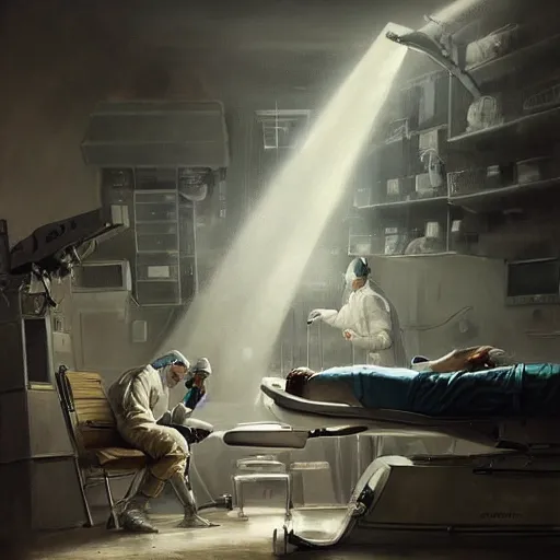 Image similar to A surgeon desperately trying to save his patient, oil painting by Cedric Peyravernay, highly detailed, cinematic concept art, dramatic lighting