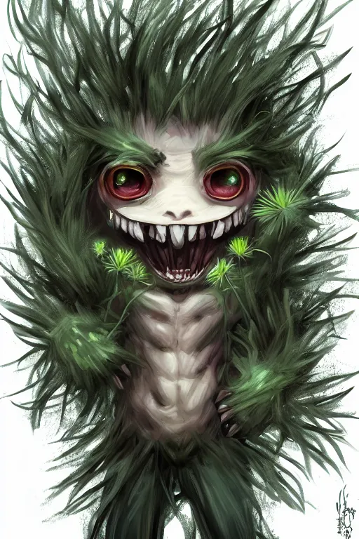 Image similar to a humanoid figure dandelion moss plant monster, large eyes and menacing smile, highly detailed, digital art, sharp focus, trending on art station, anime art style