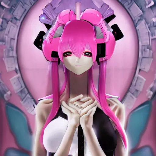 Image similar to trapped by stunningly beautiful omnipotent megalomaniacal anime asi goddess with symmetrical perfect face and porcelain skin, pink twintail hair and cyan eyes, taking control while smiling, inside her surreal vr castle, hyperdetailed, digital art from danganronpa, unreal engine 5, 2 d anime style, 8 k