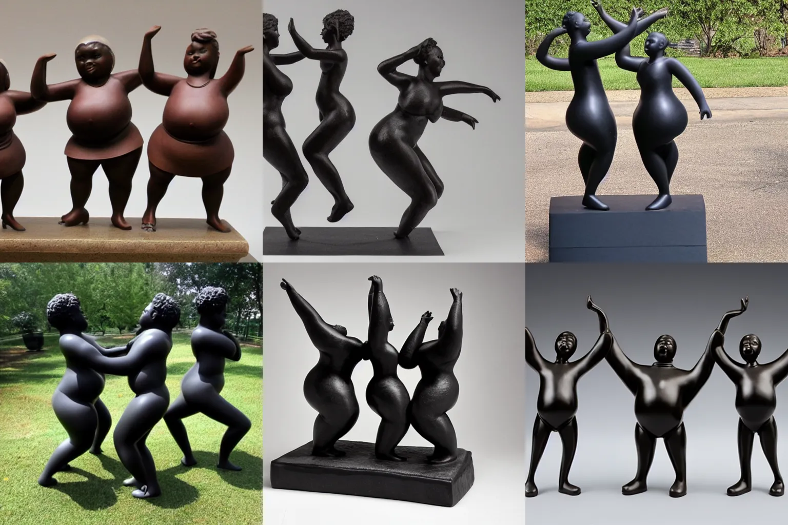 Prompt: sculpture of 3 beautiful fat black people dancing together