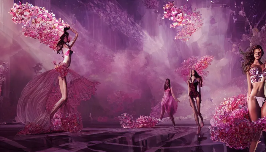 Image similar to victoria secret runway show, light, shadows, reflections, flowers, epic composition, intricate, elegant, volumetric lighting, digital painting, highly detailed, artstation, sharp focus, illustration, concept art, artgerm and mina petrovic and timothy kong and marina federovna, ruan jia, steve mccurry,