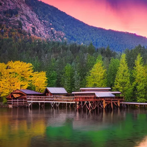 Image similar to DSLR still of a beautiful mountainside river with a pier and a log cabin at sunrise, 4k