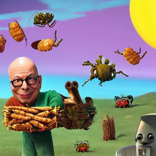 Image similar to EAT ZE BUGS with Klaus Schwab, stylized surrealism by Pixar