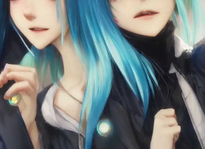 Prompt: rimuru with sky blue straight hair, bangs,!! amber eyes!! wearing a black jacket, high collar, concept art, award winning photography, digital painting, cinematic, by wlop, anime key visual, wlop, pixiv, 8 k, by ross tran yoshitaka amano, ilya kuvshinov,