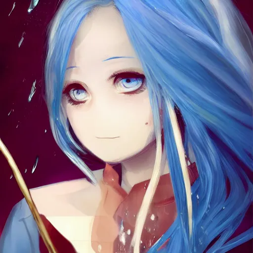 Image similar to side profile of rimuru tempest with sky blue hair, long hair, blue eyebrows, blue eyelashes, gold eyes, high collar, black jacket | shiny, highly detailed, rain, professional digital painting, concept art, award - winning photography, cinematic, wlop | art by pixiv art, yoshitaka amano, deviantart