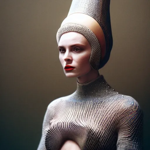 Image similar to Fashion photography of a woman wearing an outfit inspired by Dune (2021), artistic photography, cinematic lighting, insanely detailed, cinestill 800t, Vogue magazine