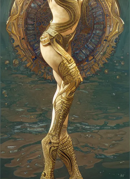 Image similar to humanoid dolphin warrior, intricate, elegant, highly detailed, centered, digital painting, artstation, concept art, smooth, sharp focus, illustration, art by artgerm and donato giancola and alphonse mucha