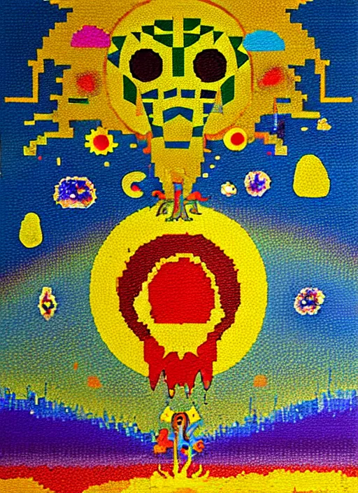 Prompt: pixel decollage painting tarot sun card composition golden armor alien zombie horseman riding on a crystal bone dragon broken rainbow diamond maggot horse in a blossoming meadow full of colorful mushrooms and golden foil toad blobs in a golden sunset, distant forest horizon, painted by mark rothko, helen frankenthaler, danny fox and hilma af klint, pixelated