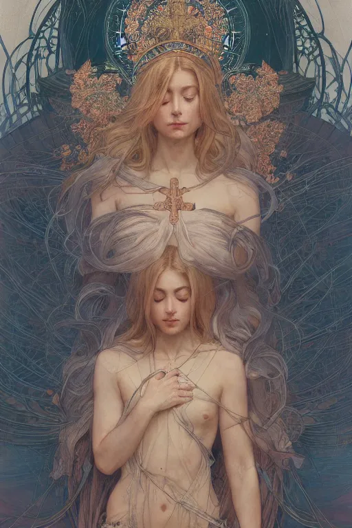 Image similar to a full body portrait of a beautiful ethereal delicate mage queen meditative sacral pose catholic stages of the cross, intricate, elegant, highly detailed, digital painting, artstation, concept art, smooth, sharp focus, illustration, art by krenz cushart and artem demura and alphonse mucha