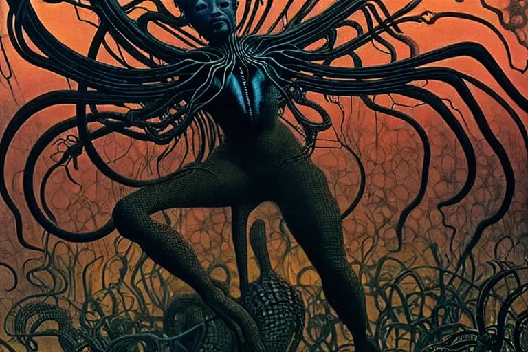 Image similar to realistic detailed portrait movie shot of a beautiful black woman riding a giant spider, dystopian city landscape background by denis villeneuve, amano, yves tanguy, alphonse mucha, max ernst, ernst haeckel, kehinde wiley, caravaggio, jean delville, david lynch, roger dean, cyber necklace, rich moody colours, sci fi patterns, dramatic, wide angle