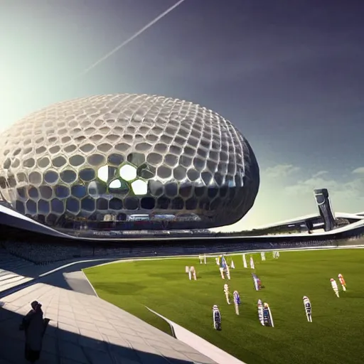 Prompt: a futuristic stadium in the middle of a city, hexagonal shaped, hexadome, blue energy field dome, unreal engine, epic lighting, crowd cheering