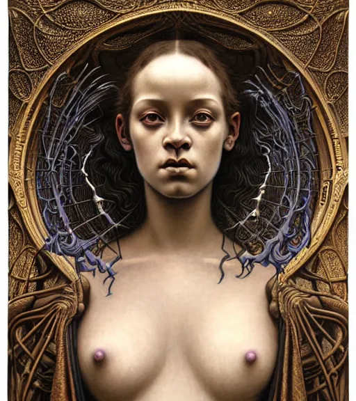 Image similar to detailed realistic beautiful young medieval alien robot rihanna face portrait by jean delville, gustave dore and marco mazzoni, art nouveau, symbolist, visionary, gothic, pre - raphaelite. horizontal symmetry by zdzisław beksinski, iris van herpen, raymond swanland and alphonse mucha. highly detailed, hyper - real, beautiful, fractal baroque