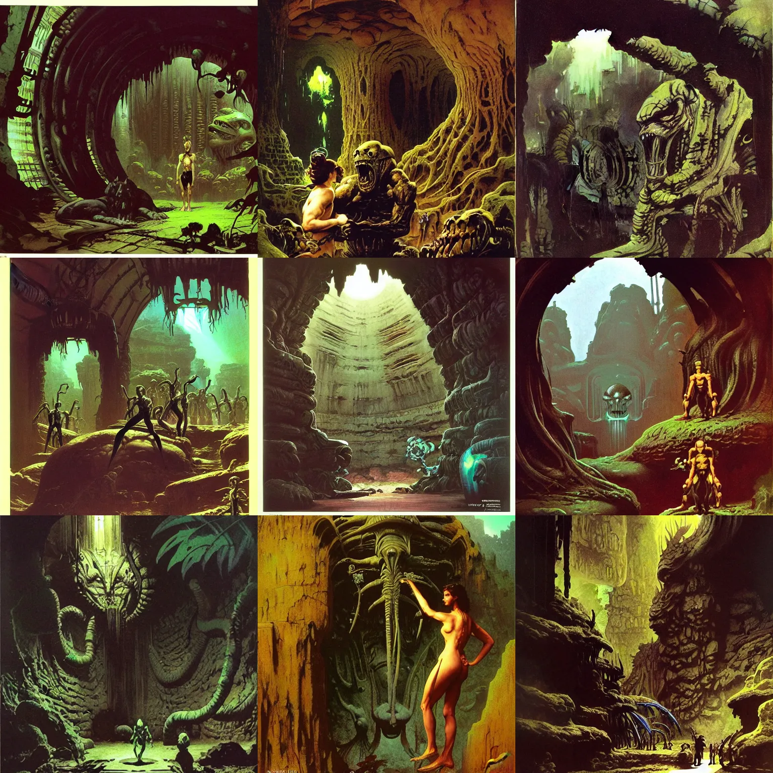 Prompt: asimov alien deep ancient underground dungeon fantasy ruins flora fauna by syd mead, frank frazetta, ken kelly, simon bisley, richard corben, william - adolphe bouguereau