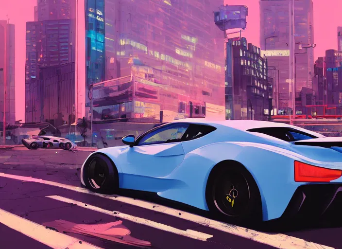 Image similar to a sport car in a city. sharp focus, cinematic pose, cinematic lighting, unreal engine render. art by josan gonzales and moebius and deathburger.