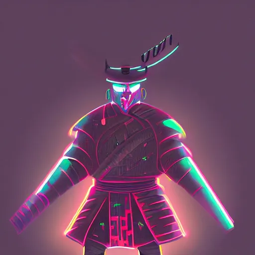 Prompt: neon samurai, dark forest in style of Hicham Habchi, trending on ArtStationH