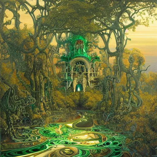 Image similar to a detailed oil painting by michael whelan and donato giancola of an intricate, ornate palace made of green, polished, swirling malachite and jade, hyper detailed, hd, artstation, beautiful sunrise lighting, surrounded by trees