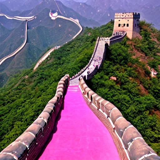 Prompt: neon pink flamingo signs on the great wall of china