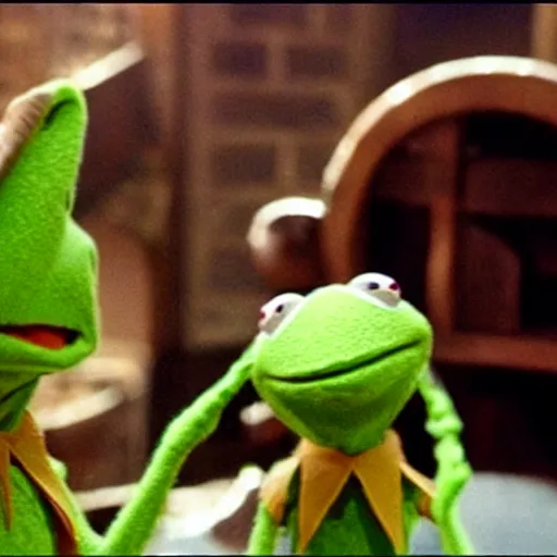 Prompt: Kermit the frog in the scene from the film The Matrix