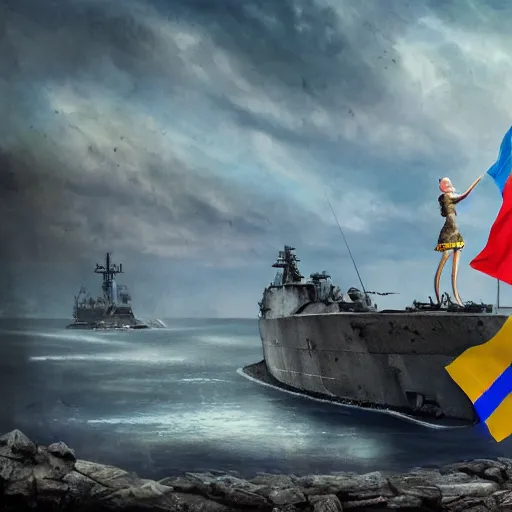 Image similar to ukrainian girls with ukrainian flag near big ruined warship, happy, concept art, trending on artstation, highly detailed, intricate, sharp focus, digital art, 8 k