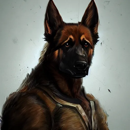 Image similar to a wounded humanoid german shepherd beast - man in military style, sitting on the bed, highly detailed portrait, digital painting, artstation, concept art, smooth, sharp foccus ilustration, artstation