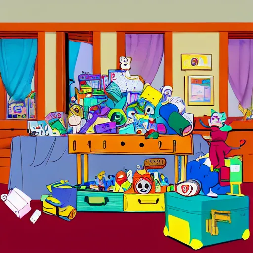 Image similar to a painted cartoonish scene, an open suitcase sits on a table, the open suitcase contains a vast pile of toys, the pile of toys rises all the way to the ceiling, the pile of toys blocks the background, a woman stands next to the table and suitcase, the woman holds more toys