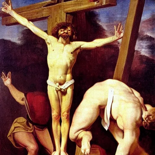 Image similar to donald trump crucified in the style of christ crucified diego velazquez, a painting of donald trump being crucified