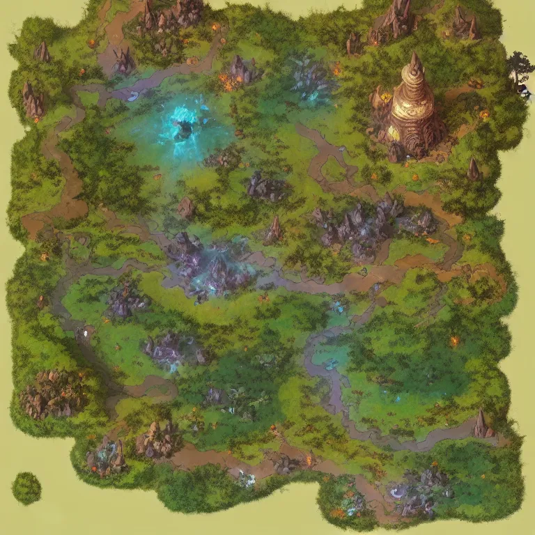 Image similar to full - color fantasy battle map of a woodland clearing, made with dungeon designer, made with dungeondraft, d & d, pathfinder, by jeff todd and greg rutkowski, trending on artstation, pinterest