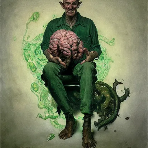 Prompt: Parasitic Helminth man wearing green shirt brandishing a decomposing human brain dave dorman guillem h. pongiluppi luigi serafini norman rockwell