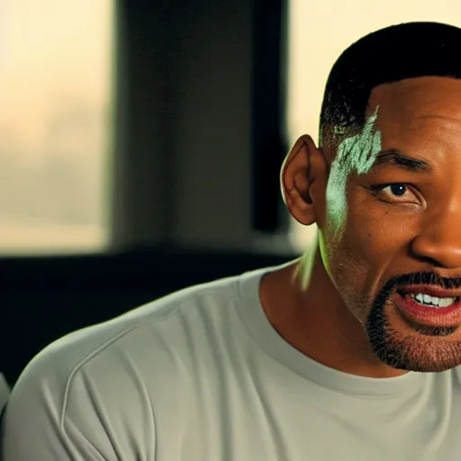 Image similar to a cinematic film still of Will Smith starring as Mike Tyson, portrait, 40mm lens, shallow depth of field, close up, split lighting, cinematic