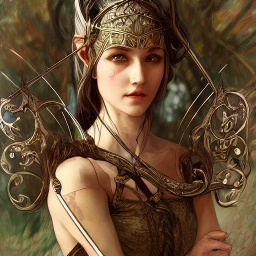 Image similar to a photograpic of elven archers, cute, fantasy, intricate, elegant, highly detailed, digital painting, artstation, long shot, photographic, half-body portrait, concept art, smooth, sharp focus, illustration, art by artgerm and H R Giger and alphonse mucha