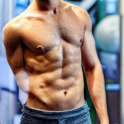 Prompt: a realistic detailed photo of a guy who is an attractive humanoid who is half robot and half humanoid, who is a male android, actor liam hemsworth, shiny skin, posing like a statue, blank stare, in a factory, on display, showing off his muscles