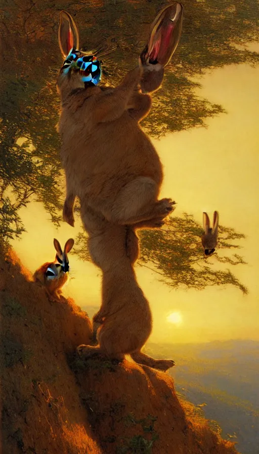 Image similar to hyper realistic rabbit looking off of a cliff, sun setting behind rabbit, lush forest in valley below, painted by gaston bussiere, craig mullins, j. c. leyendecker 8 k