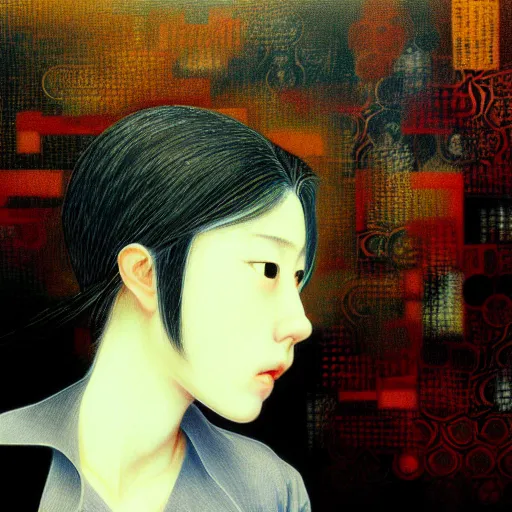 Image similar to yoshitaka amano blurred and dreamy realistic three quarter angle portrait of a young woman with short hair and black eyes wearing office suit with tie, junji ito abstract patterns in the background, satoshi kon anime, noisy film grain effect, highly detailed, renaissance oil painting, weird portrait angle, blurred lost edges