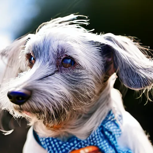 Prompt: an elderly, grey wire-haired dachshund floating in heaven, blue sky, surrounded by beautiful white clouds, with a halo