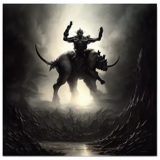 Prompt: By Tom Bagshaw and Boris Vallejo, ultra realist soft painting of a warzone by night, Gothic armored Minotaur, horror, omnious sky, symmetry accurate features, very intricate details, black and white, volumetric light clouds