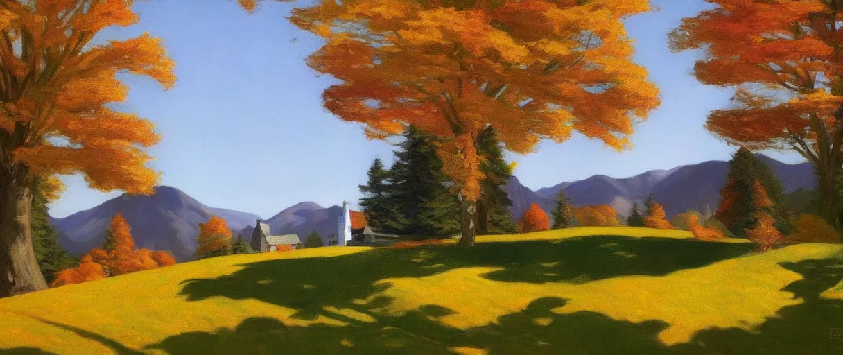 Prompt: a highly detailed, 4 k, alpine landscape with a cottage, dense trees, fall, by edward hopper, new artstation artist,