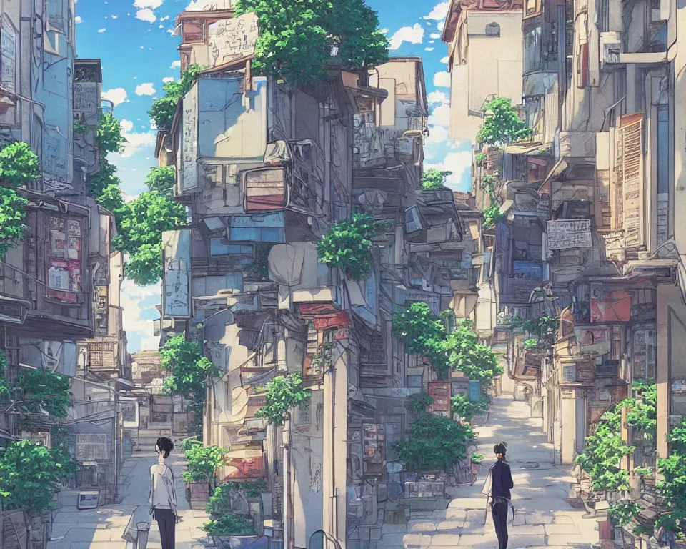 Image similar to beautiful illustration from behind a cat walking down the street in a city on a fine summers day, anime manga style, aesthetic, scene from the movie'your name ', makoto shinkai