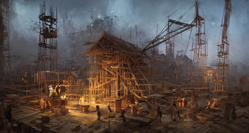 Image similar to book illustration of small wooden village under construction. Wooden scaffolding and workers. Atmospheric beautiful by Eddie mendoza and Craig Mullins. volumetric lights