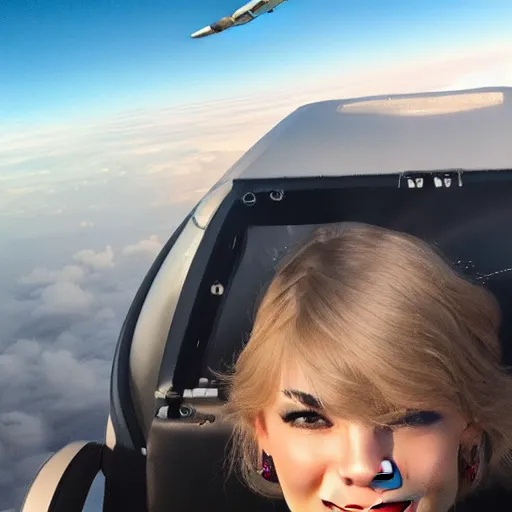 Image similar to Taylor swift piloting a big plane through a beautiful sky