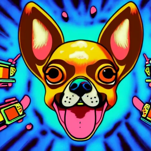 Image similar to a chihuahua with a third eye living in an extradimensional reality, in the style of goof troop, illustration, epic, fantasy, hyper detailed, smooth