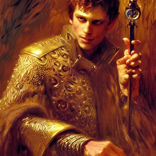 Image similar to handsome arthur pendragon in love with merlin the mage. highly detailed painting by gaston bussiere, craig mullins, j. c. leyendecker