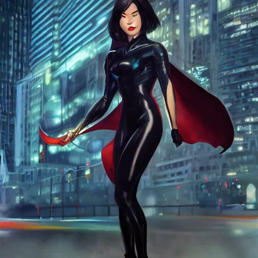 Prompt: cassandra cain wearing a business attire, wearing red lipstick, fighting off criminals, bokeh, beautiful face!!!!, 2 7 years old, cg animation, lifelike, animated, realistic, character select portrait, by artgerm, greg rutkowski, alphonse mucha, 3 d