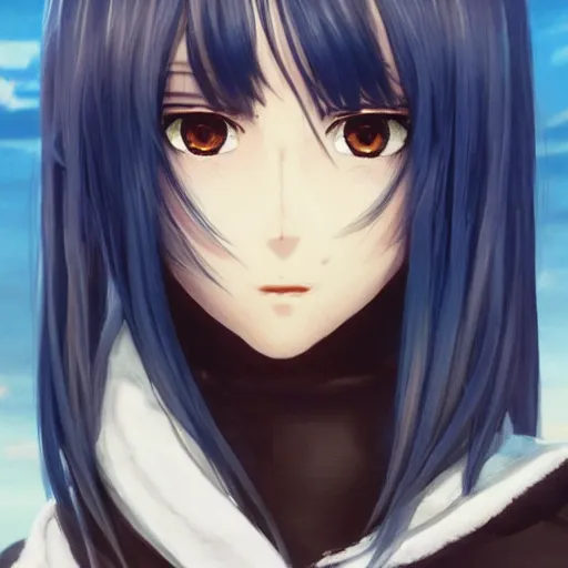 Image similar to profile shot of rimuru tempest, sky blue, straight hair, long bangs, amber eyes, wearing a black jacket!! with white stripes, high collar, highly detailed, unreal engine 5, digital painting, cinematic, wlop | artgerm, pixiv, yoshitaka amano, greg rutkowski, ilya kuvshinov, andy warhol