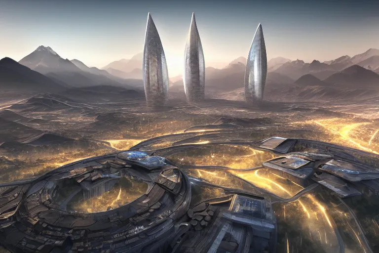 Prompt: futuristic city located in valley in kyrgyz, sunrise, vray, hdr, overhead view, photorealistic, highly detailed, 4 k