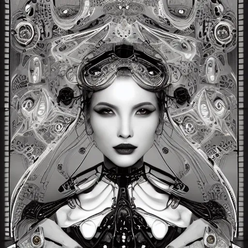 Image similar to the portrait of an absurdly graceful, sophisticated, fashionable ottomanpunk robotess idol, an ultrafine hyperdetailed illustration by kim jisu, intricate linework, neon wiring, porcelain skin, unreal engine 5 highly rendered, global illumination, radiant light, detailed and intricate environment, by rutkowski, artgerm, marvel comics