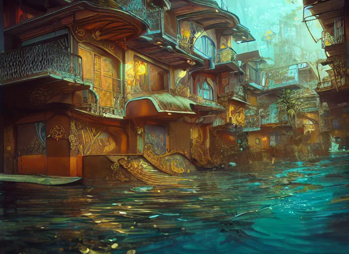 Image similar to art nouveau favela, underwater environment, scenery, professional, award - winning, trending on artstation, hyper detailed, realistic, beautiful, emotional, shiny, golden, picture