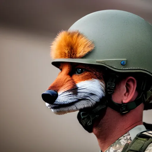 Image similar to Closeup of Fox dressed in a modern American soldier uniform with a helmet, 85mm f/1.4